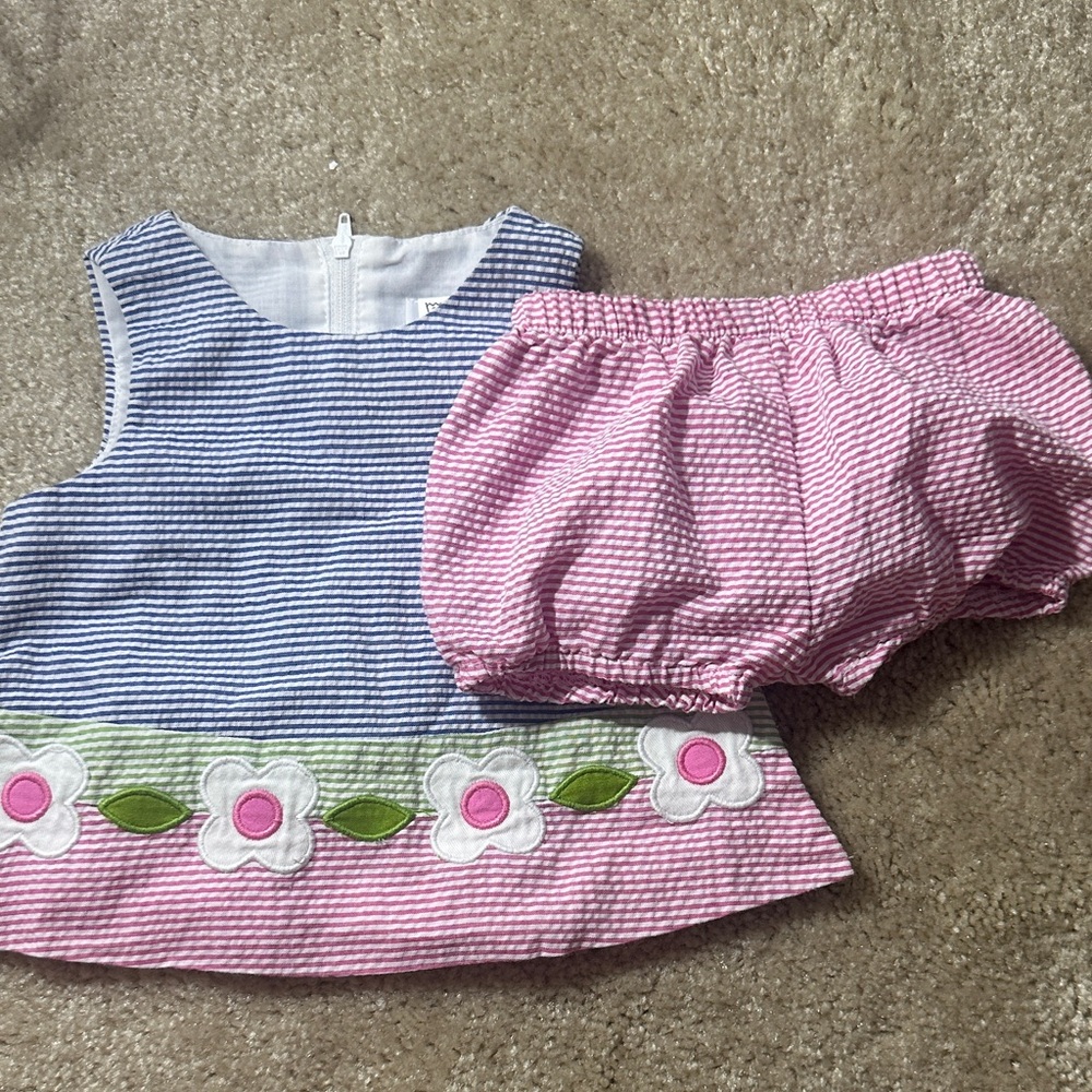 Florence Eiseman Striped Blue and Pink Set with Floral Design